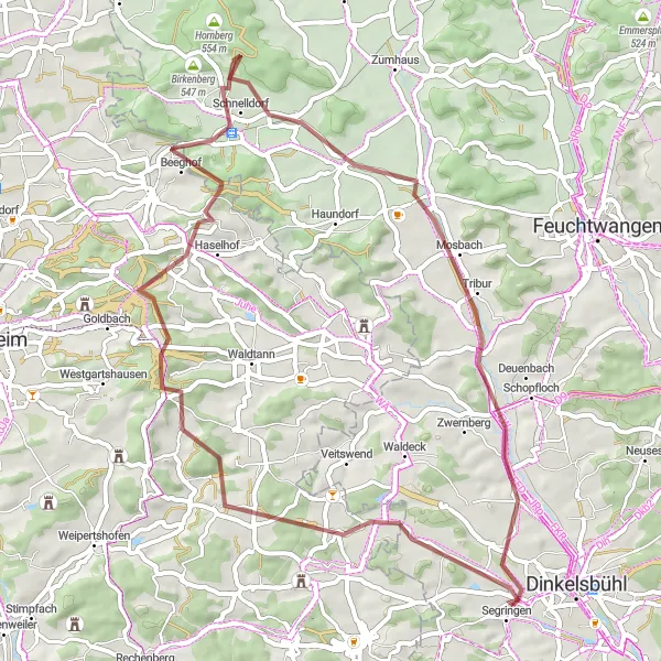 Karten-Miniaturansicht der Radinspiration "Gravel-Tour rund um Dinkelsbühl" in Mittelfranken, Germany. Erstellt vom Tarmacs.app-Routenplaner für Radtouren