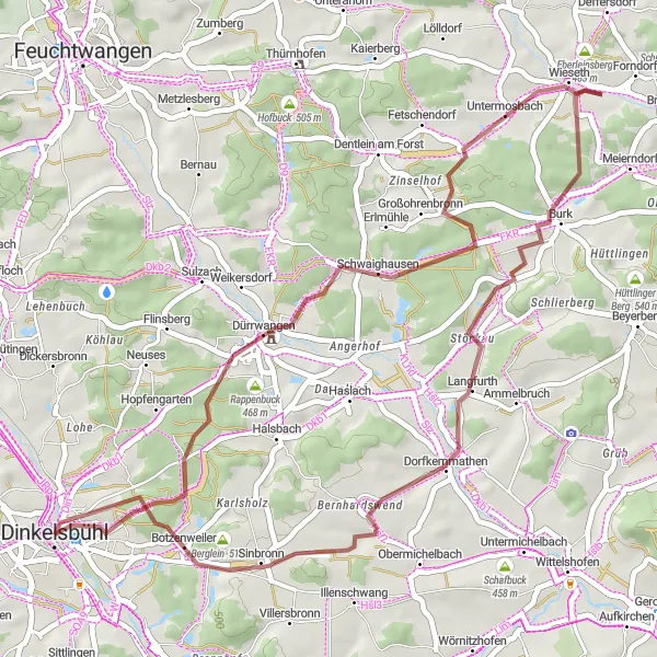 Karten-Miniaturansicht der Radinspiration "Gravelabenteuer rund um Dinkelsbühl" in Mittelfranken, Germany. Erstellt vom Tarmacs.app-Routenplaner für Radtouren