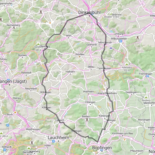 Map miniature of "Scenic Loop around Dinkelsbühl" cycling inspiration in Mittelfranken, Germany. Generated by Tarmacs.app cycling route planner
