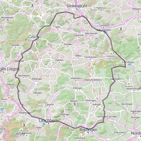 Karten-Miniaturansicht der Radinspiration "Die Altmühl-Jagst-Runde" in Mittelfranken, Germany. Erstellt vom Tarmacs.app-Routenplaner für Radtouren