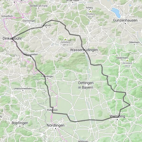 Karten-Miniaturansicht der Radinspiration "Langfurth und Wolferstadt Rundweg" in Mittelfranken, Germany. Erstellt vom Tarmacs.app-Routenplaner für Radtouren