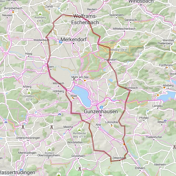 Karten-Miniaturansicht der Radinspiration "Geheimnisvolle Wege durch Mittelfranken" in Mittelfranken, Germany. Erstellt vom Tarmacs.app-Routenplaner für Radtouren