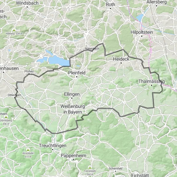 Karten-Miniaturansicht der Radinspiration "Rund um Dittenheim und Markt Berolzheim" in Mittelfranken, Germany. Erstellt vom Tarmacs.app-Routenplaner für Radtouren