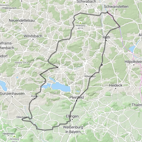 Karten-Miniaturansicht der Radinspiration "Radtour Mittelfranken Schätze entdecken" in Mittelfranken, Germany. Erstellt vom Tarmacs.app-Routenplaner für Radtouren