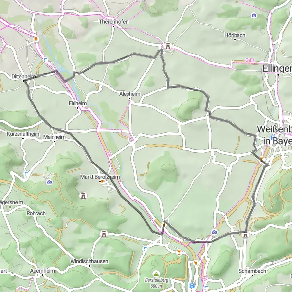 Karten-Miniaturansicht der Radinspiration "Rundfahrt um Dittenheim" in Mittelfranken, Germany. Erstellt vom Tarmacs.app-Routenplaner für Radtouren
