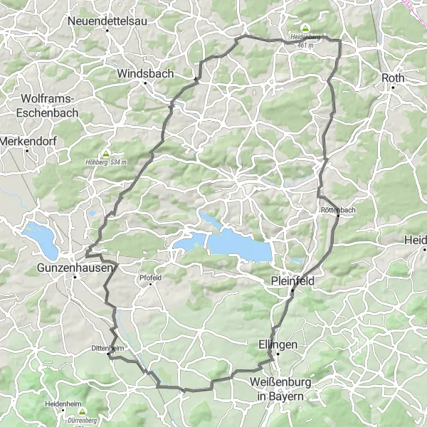 Karten-Miniaturansicht der Radinspiration "Historische Schätze rund um Dittenheim" in Mittelfranken, Germany. Erstellt vom Tarmacs.app-Routenplaner für Radtouren