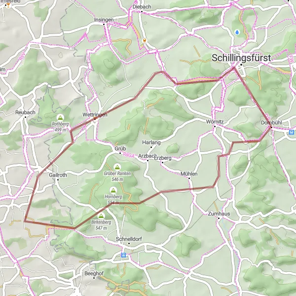 Map miniature of "Wildenholz - Birkenberg - Untergailnau - Wühlberg - Bergfeld - Dombühl Gravel Route" cycling inspiration in Mittelfranken, Germany. Generated by Tarmacs.app cycling route planner