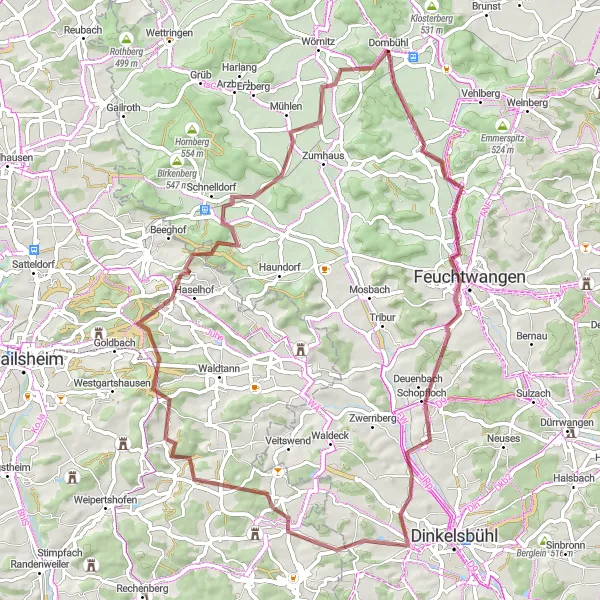 Karten-Miniaturansicht der Radinspiration "Dombühl - Thierschingberg - Feuchtwangen - Seidelsdorf - Hauerhut - Mariäkappel - Roter Berg - Schnelldorf - Bergmann - Kellerberg - Dombühl" in Mittelfranken, Germany. Erstellt vom Tarmacs.app-Routenplaner für Radtouren