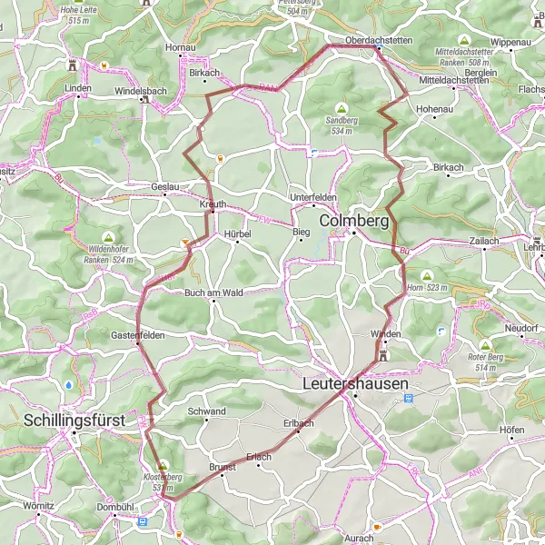 Karten-Miniaturansicht der Radinspiration "Dombühl - Münchsberg - Gastenfelden - Cadolzhofen - Büttelberg - Deutscher Bühl - Mittelramstadt - Erlbach - Kloster Sulz" in Mittelfranken, Germany. Erstellt vom Tarmacs.app-Routenplaner für Radtouren