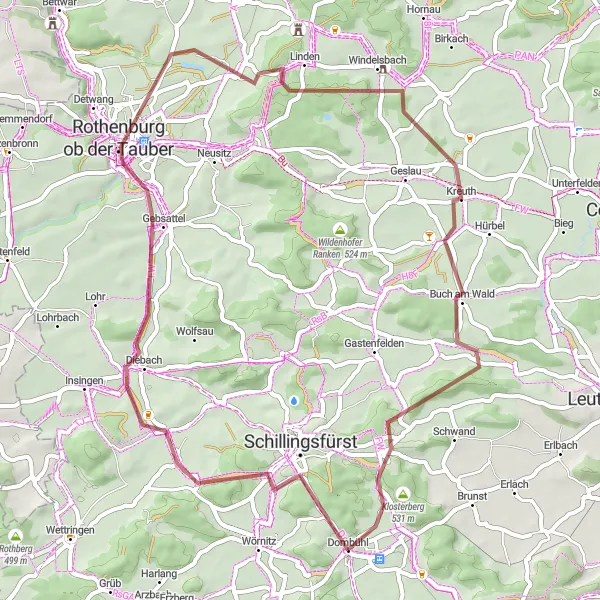 Map miniature of "Schillingsfürst - Reinhardsberg - Schneidberg - Windelsbach - Buch am Wald - Münchsberg - Dombühl Gravel Route" cycling inspiration in Mittelfranken, Germany. Generated by Tarmacs.app cycling route planner