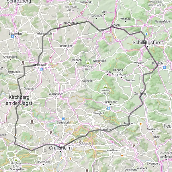 Map miniature of "Southern Loop to Schillingsfürst" cycling inspiration in Mittelfranken, Germany. Generated by Tarmacs.app cycling route planner