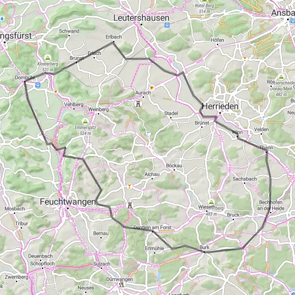 Map miniature of "Dombühl - Büchelberg - Herrieden - Mückenbühl - Dentlein am Forst - Eichelberg - Dorfgütingen - Thierschingberg Road Route" cycling inspiration in Mittelfranken, Germany. Generated by Tarmacs.app cycling route planner