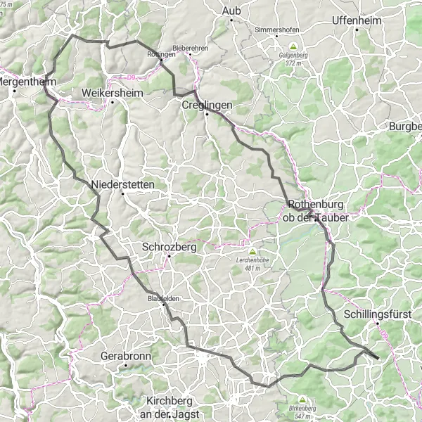 Map miniature of "Ultimate Road Cycling Challenge: Rothenburg ob der Tauber Circuit" cycling inspiration in Mittelfranken, Germany. Generated by Tarmacs.app cycling route planner