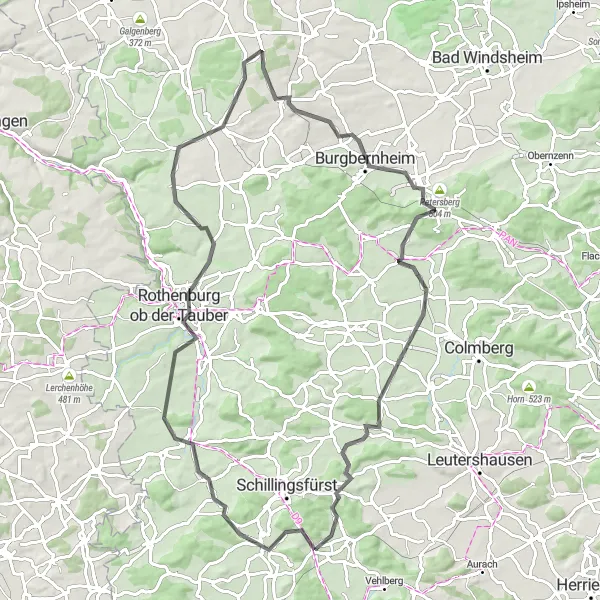 Map miniature of "Vetschenberg - Rothenburg ob der Tauber - Lerchenhöhe - Ohrenbach - Gänsbuck - Marktbergel - Büttelberg - Buch am Wald - Münchsberg Road Route" cycling inspiration in Mittelfranken, Germany. Generated by Tarmacs.app cycling route planner