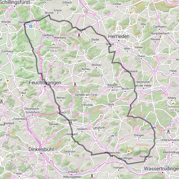 Map miniature of "The Dombühl Adventure" cycling inspiration in Mittelfranken, Germany. Generated by Tarmacs.app cycling route planner