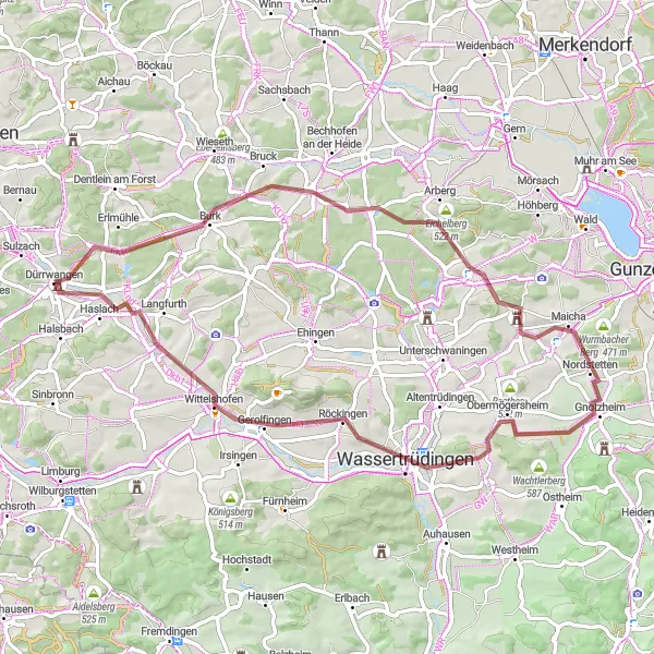Map miniature of "The Gravel Adventure" cycling inspiration in Mittelfranken, Germany. Generated by Tarmacs.app cycling route planner