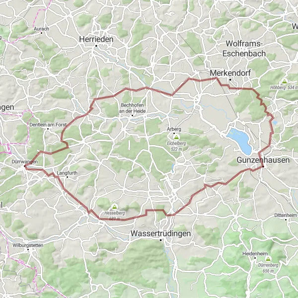 Map miniature of "Hills and Valleys Gravel Loop" cycling inspiration in Mittelfranken, Germany. Generated by Tarmacs.app cycling route planner