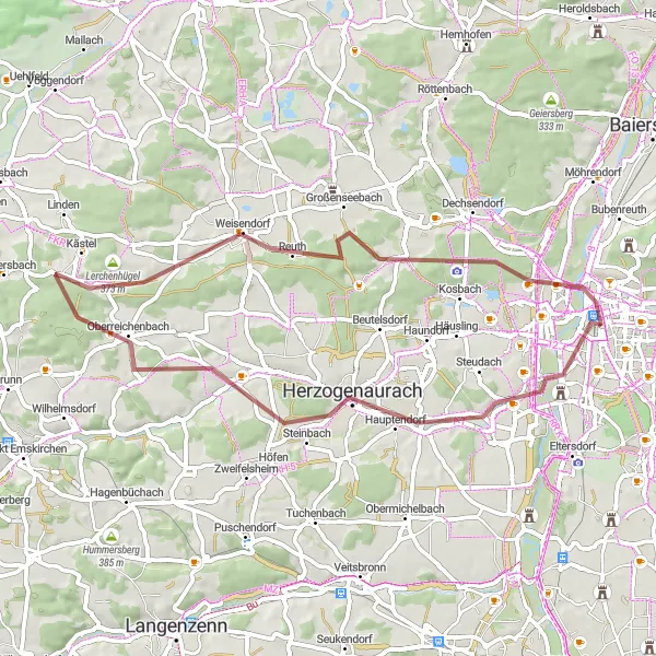 Karten-Miniaturansicht der Radinspiration "Gravel Tour durch Herzogenaurach" in Mittelfranken, Germany. Erstellt vom Tarmacs.app-Routenplaner für Radtouren