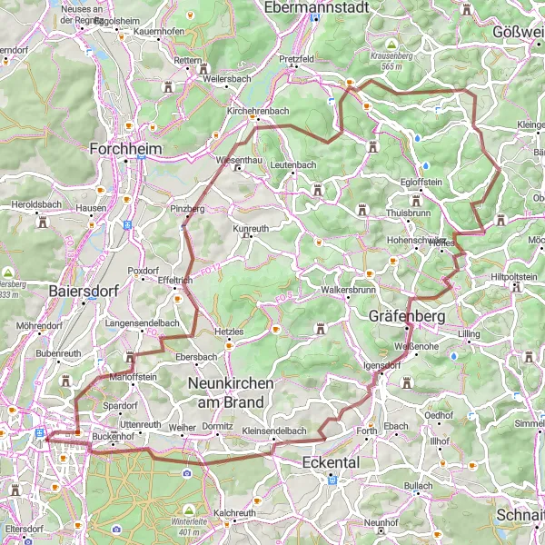 Map miniature of "Nuernberg View Gravel" cycling inspiration in Mittelfranken, Germany. Generated by Tarmacs.app cycling route planner