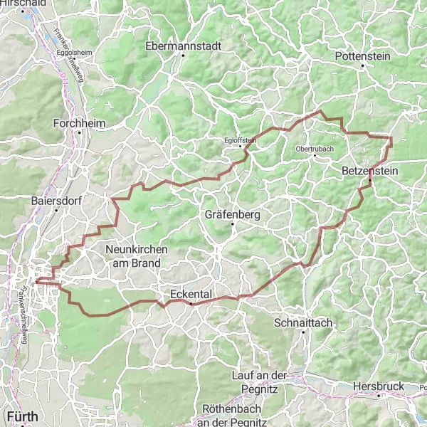 Map miniature of "Scenic Gravel Journey through Nuernberg to Erlangen" cycling inspiration in Mittelfranken, Germany. Generated by Tarmacs.app cycling route planner