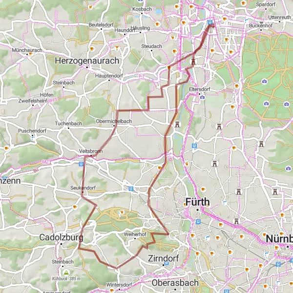 Map miniature of "Gravel Loop to Castle Erlangen" cycling inspiration in Mittelfranken, Germany. Generated by Tarmacs.app cycling route planner