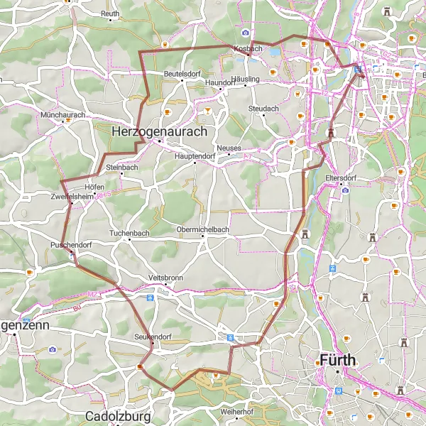 Map miniature of "Gravel Adventure to Flexdorf" cycling inspiration in Mittelfranken, Germany. Generated by Tarmacs.app cycling route planner