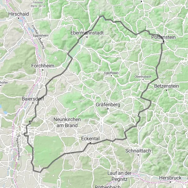 Map miniature of "Cultural Road Journey" cycling inspiration in Mittelfranken, Germany. Generated by Tarmacs.app cycling route planner