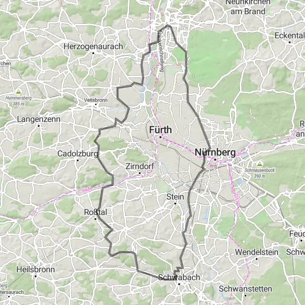 Map miniature of "Road Trip to Turmberg and Wolfsbuck" cycling inspiration in Mittelfranken, Germany. Generated by Tarmacs.app cycling route planner