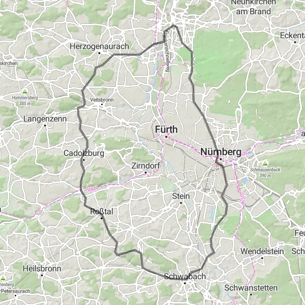 Map miniature of "Road Cycling Tour through Nuremberg and Cadolzburg" cycling inspiration in Mittelfranken, Germany. Generated by Tarmacs.app cycling route planner