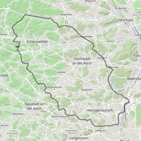 Karten-Miniaturansicht der Radinspiration "Obermichelbach und Schloss Erlangen Rundfahrt" in Mittelfranken, Germany. Erstellt vom Tarmacs.app-Routenplaner für Radtouren