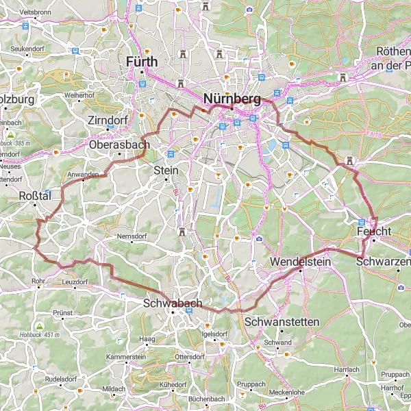 Map miniature of "Scenic gravel paths and peaceful villages" cycling inspiration in Mittelfranken, Germany. Generated by Tarmacs.app cycling route planner