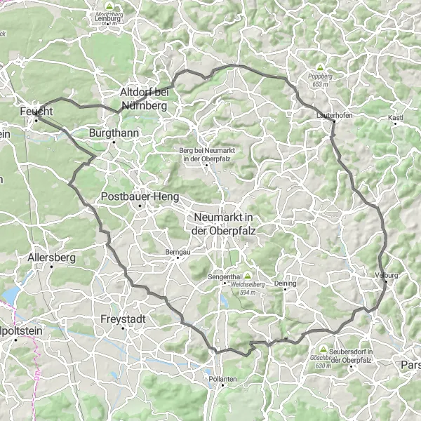 Map miniature of "Feucht - Bavarian Countryside Loop" cycling inspiration in Mittelfranken, Germany. Generated by Tarmacs.app cycling route planner