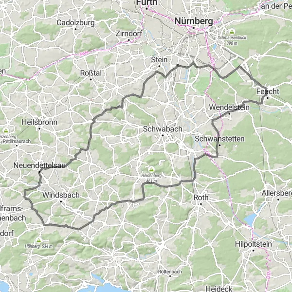 Map miniature of "Steep ascents and picturesque villages" cycling inspiration in Mittelfranken, Germany. Generated by Tarmacs.app cycling route planner