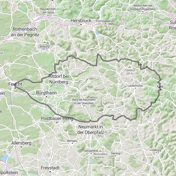 Map miniature of "Feucht - Challenging Road Cycling Route" cycling inspiration in Mittelfranken, Germany. Generated by Tarmacs.app cycling route planner