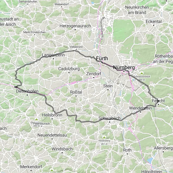 Map miniature of "Historical landmarks and scenic countryside" cycling inspiration in Mittelfranken, Germany. Generated by Tarmacs.app cycling route planner