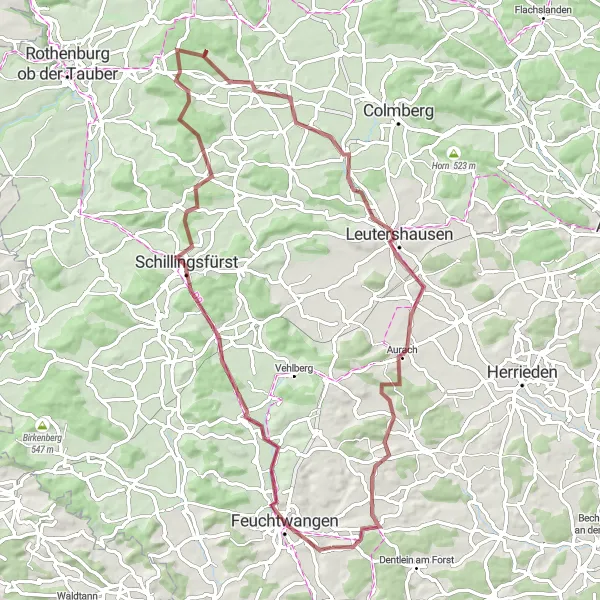 Map miniature of "Feuchtwangen - Geslau Gravel Loop" cycling inspiration in Mittelfranken, Germany. Generated by Tarmacs.app cycling route planner