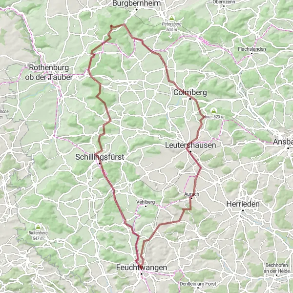 Map miniature of "Feuchtwangen - Colmberg Gravel Adventure" cycling inspiration in Mittelfranken, Germany. Generated by Tarmacs.app cycling route planner