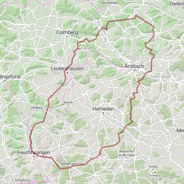 Karten-Miniaturansicht der Radinspiration "Gravelabenteuer um Feuchtwangen" in Mittelfranken, Germany. Erstellt vom Tarmacs.app-Routenplaner für Radtouren