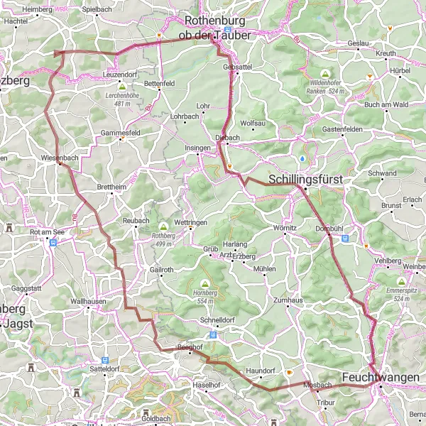 Map miniature of "Glorious Gravel Route to Rothenburg ob der Tauber" cycling inspiration in Mittelfranken, Germany. Generated by Tarmacs.app cycling route planner
