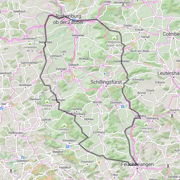 Map miniature of "Feuchtwangen - Heckenberg Challenge" cycling inspiration in Mittelfranken, Germany. Generated by Tarmacs.app cycling route planner