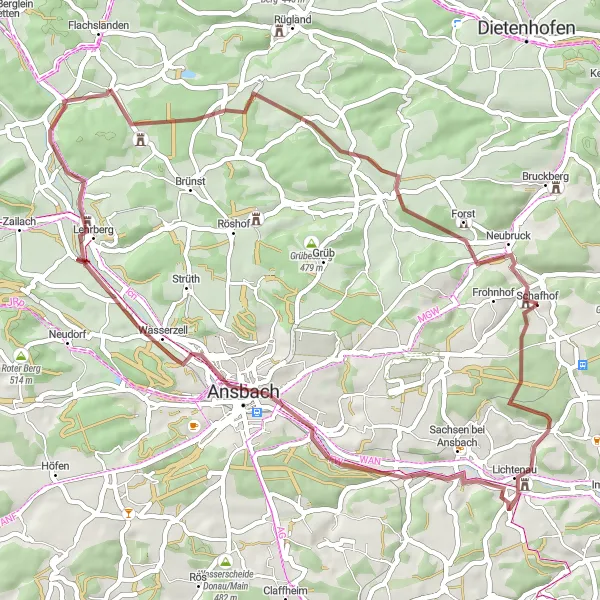 Karten-Miniaturansicht der Radinspiration "Ansbacher Umgebungstour" in Mittelfranken, Germany. Erstellt vom Tarmacs.app-Routenplaner für Radtouren