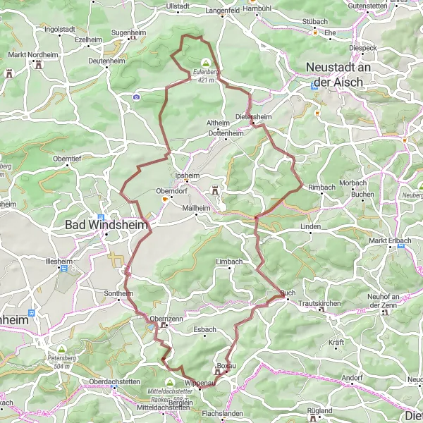 Karten-Miniaturansicht der Radinspiration "Hügeliges Gravelfahren um Flachslanden" in Mittelfranken, Germany. Erstellt vom Tarmacs.app-Routenplaner für Radtouren