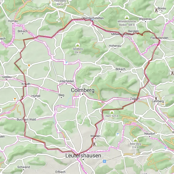 Karten-Miniaturansicht der Radinspiration "Kurze Gravelabenteuer um Flachslanden" in Mittelfranken, Germany. Erstellt vom Tarmacs.app-Routenplaner für Radtouren