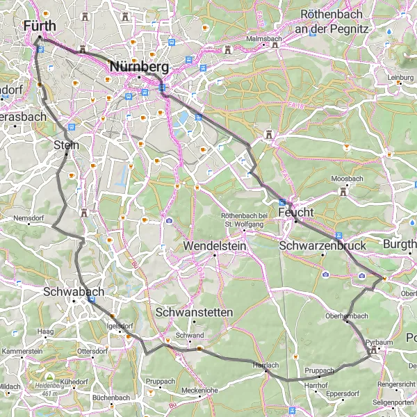 Karten-Miniaturansicht der Radinspiration "Fürth Schloss-Tour" in Mittelfranken, Germany. Erstellt vom Tarmacs.app-Routenplaner für Radtouren