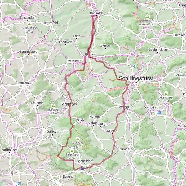 Map miniature of "The Hills of Gebsattel" cycling inspiration in Mittelfranken, Germany. Generated by Tarmacs.app cycling route planner