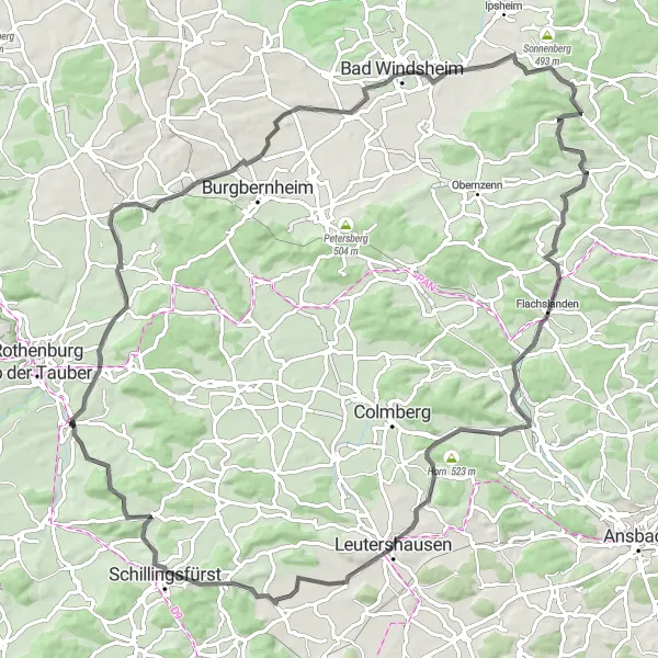 Karten-Miniaturansicht der Radinspiration "Gebsattel - Heuberg Rundweg" in Mittelfranken, Germany. Erstellt vom Tarmacs.app-Routenplaner für Radtouren