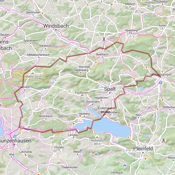 Karten-Miniaturansicht der Radinspiration "Gravelweg-Tour von Georgensgmünd" in Mittelfranken, Germany. Erstellt vom Tarmacs.app-Routenplaner für Radtouren