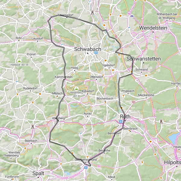 Map miniature of "Georgensgmünd Road Ride" cycling inspiration in Mittelfranken, Germany. Generated by Tarmacs.app cycling route planner