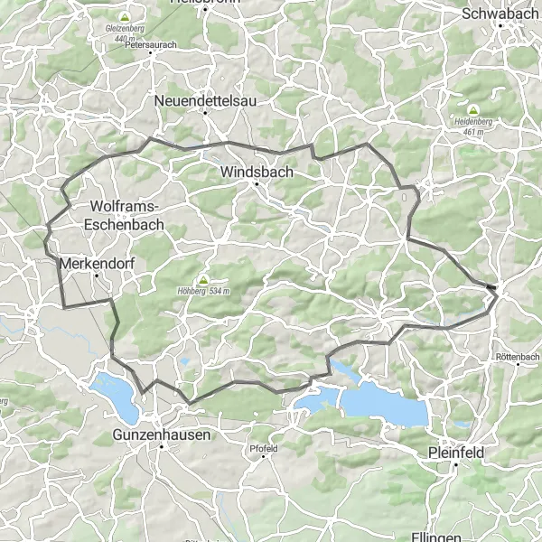 Map miniature of "Muhr am See Road Loop" cycling inspiration in Mittelfranken, Germany. Generated by Tarmacs.app cycling route planner