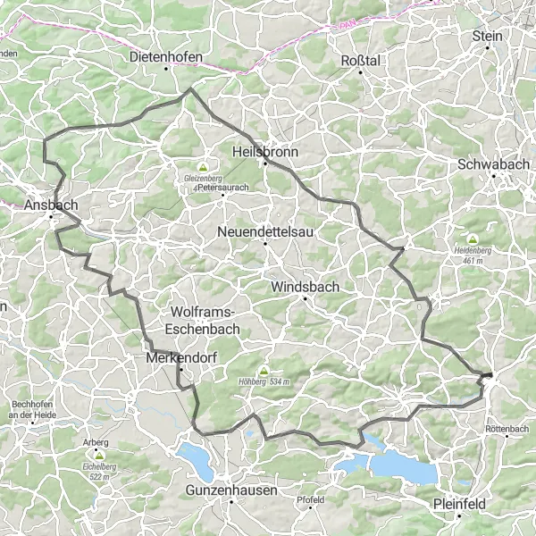 Karten-Miniaturansicht der Radinspiration "Rundtour von Georgensgmünd über Ansbach" in Mittelfranken, Germany. Erstellt vom Tarmacs.app-Routenplaner für Radtouren